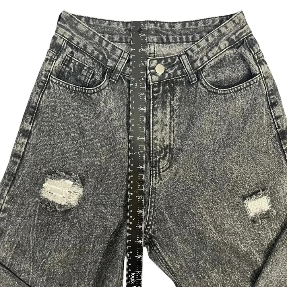 Women’s Wide Leg High Waisted Jeana Distressed Dark Grey Acid Wash Jeans Sz Med - Picture 10 of 12